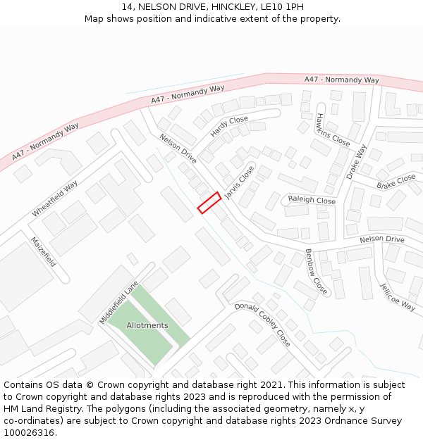 14, NELSON DRIVE, HINCKLEY, LE10 1PH: Location map and indicative extent of plot