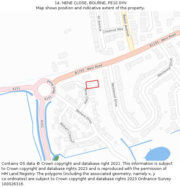 14, NENE CLOSE, BOURNE, PE10 0YN: Location map and indicative extent of plot