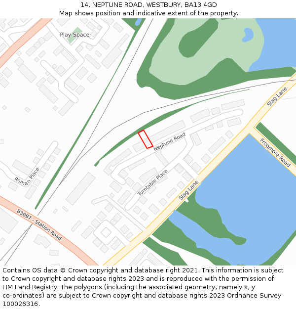 14, NEPTUNE ROAD, WESTBURY, BA13 4GD: Location map and indicative extent of plot