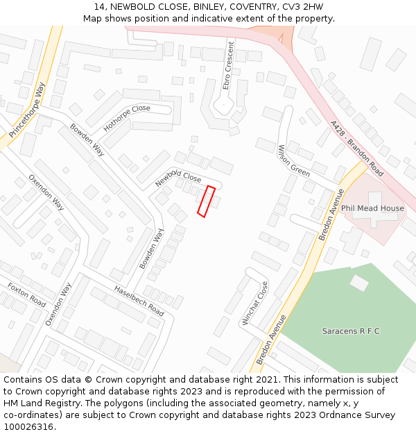 14, NEWBOLD CLOSE, BINLEY, COVENTRY, CV3 2HW: Location map and indicative extent of plot