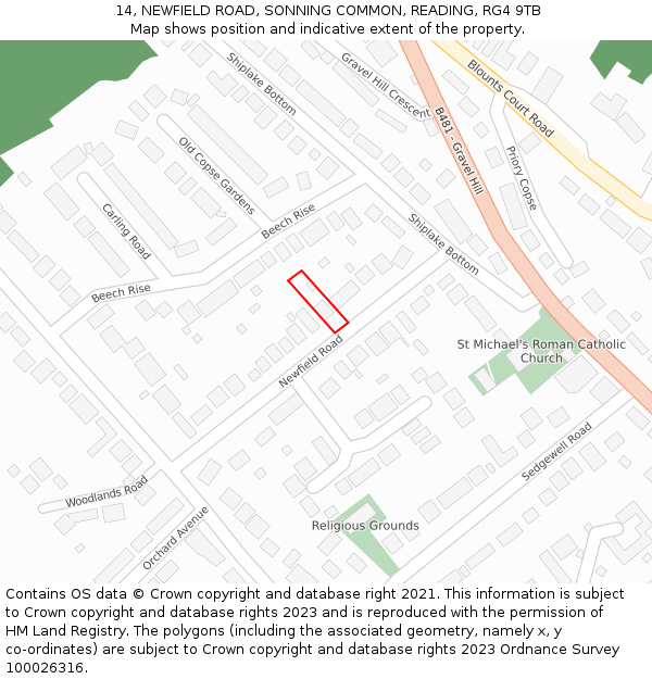 14, NEWFIELD ROAD, SONNING COMMON, READING, RG4 9TB: Location map and indicative extent of plot