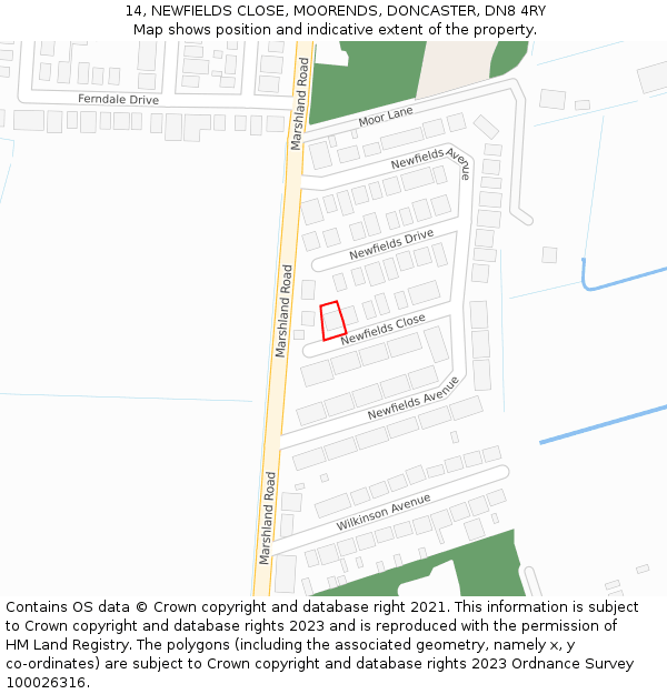 14, NEWFIELDS CLOSE, MOORENDS, DONCASTER, DN8 4RY: Location map and indicative extent of plot