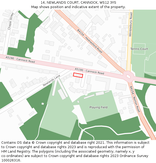 14, NEWLANDS COURT, CANNOCK, WS12 3YS: Location map and indicative extent of plot