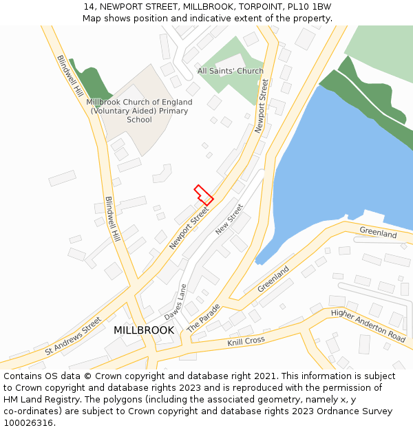 14, NEWPORT STREET, MILLBROOK, TORPOINT, PL10 1BW: Location map and indicative extent of plot