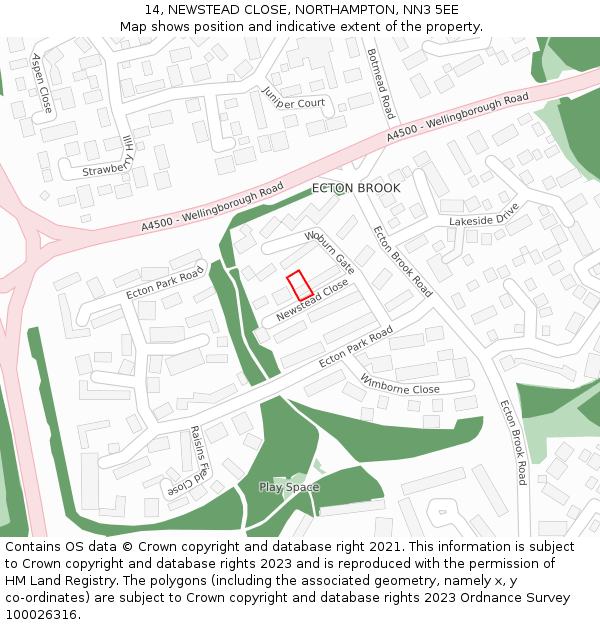 14, NEWSTEAD CLOSE, NORTHAMPTON, NN3 5EE: Location map and indicative extent of plot