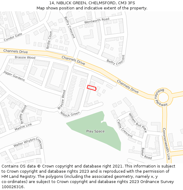 14, NIBLICK GREEN, CHELMSFORD, CM3 3FS: Location map and indicative extent of plot