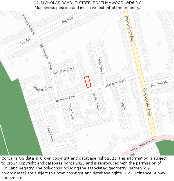 14, NICHOLAS ROAD, ELSTREE, BOREHAMWOOD, WD6 3JY: Location map and indicative extent of plot