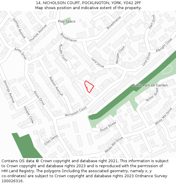 14, NICHOLSON COURT, POCKLINGTON, YORK, YO42 2PF: Location map and indicative extent of plot