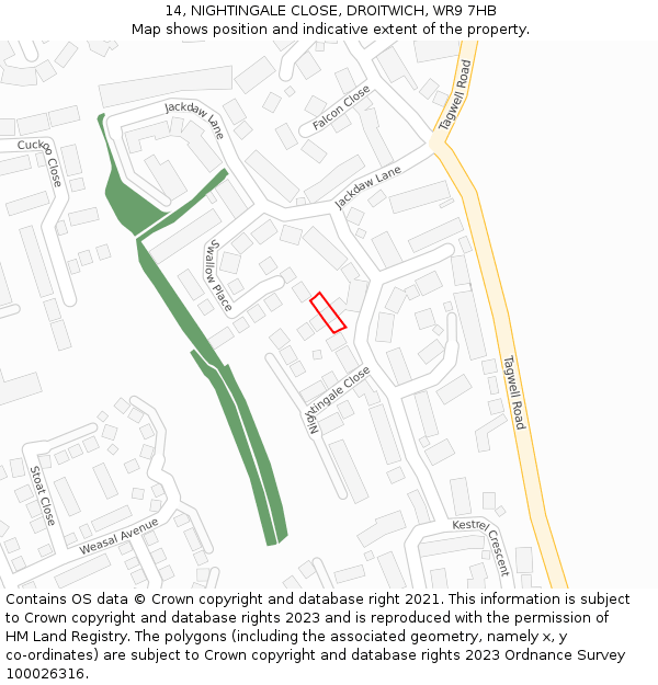 14, NIGHTINGALE CLOSE, DROITWICH, WR9 7HB: Location map and indicative extent of plot