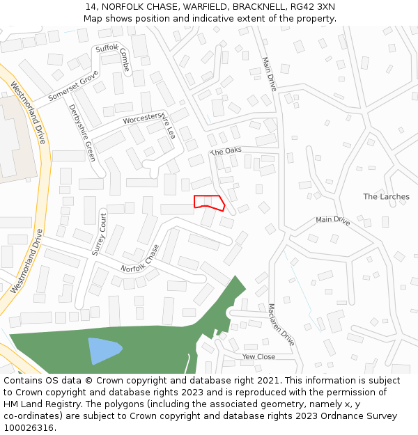 14, NORFOLK CHASE, WARFIELD, BRACKNELL, RG42 3XN: Location map and indicative extent of plot