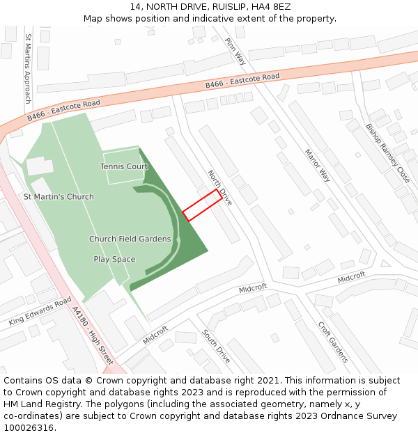 14, NORTH DRIVE, RUISLIP, HA4 8EZ: Location map and indicative extent of plot