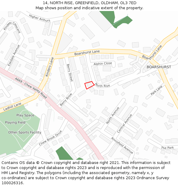 14, NORTH RISE, GREENFIELD, OLDHAM, OL3 7ED: Location map and indicative extent of plot