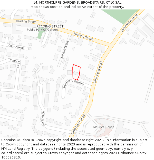 14, NORTHCLIFFE GARDENS, BROADSTAIRS, CT10 3AL: Location map and indicative extent of plot