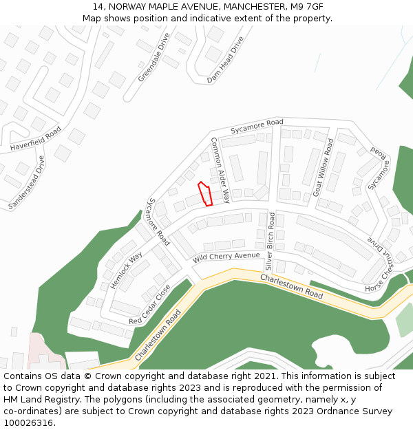 14, NORWAY MAPLE AVENUE, MANCHESTER, M9 7GF: Location map and indicative extent of plot