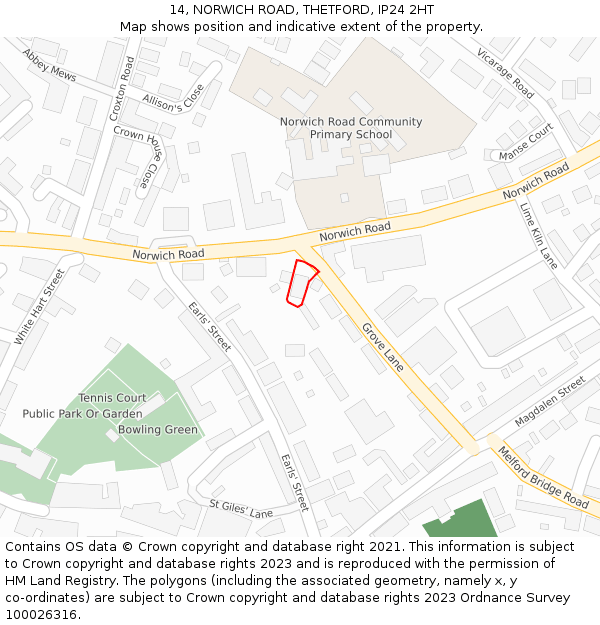 14, NORWICH ROAD, THETFORD, IP24 2HT: Location map and indicative extent of plot