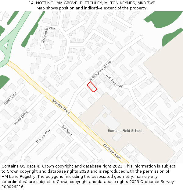 14, NOTTINGHAM GROVE, BLETCHLEY, MILTON KEYNES, MK3 7WB: Location map and indicative extent of plot