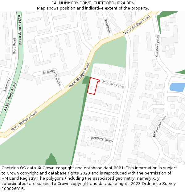 14, NUNNERY DRIVE, THETFORD, IP24 3EN: Location map and indicative extent of plot