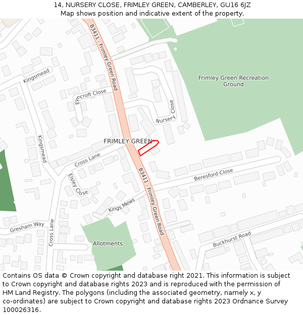 14, NURSERY CLOSE, FRIMLEY GREEN, CAMBERLEY, GU16 6JZ: Location map and indicative extent of plot