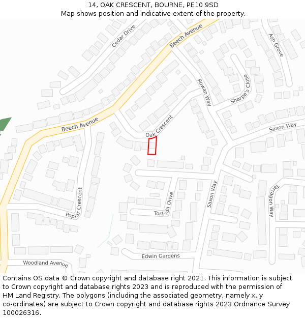 14, OAK CRESCENT, BOURNE, PE10 9SD: Location map and indicative extent of plot