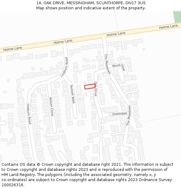 14, OAK DRIVE, MESSINGHAM, SCUNTHORPE, DN17 3US: Location map and indicative extent of plot