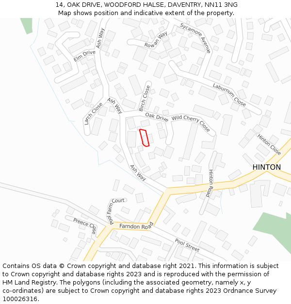 14, OAK DRIVE, WOODFORD HALSE, DAVENTRY, NN11 3NG: Location map and indicative extent of plot