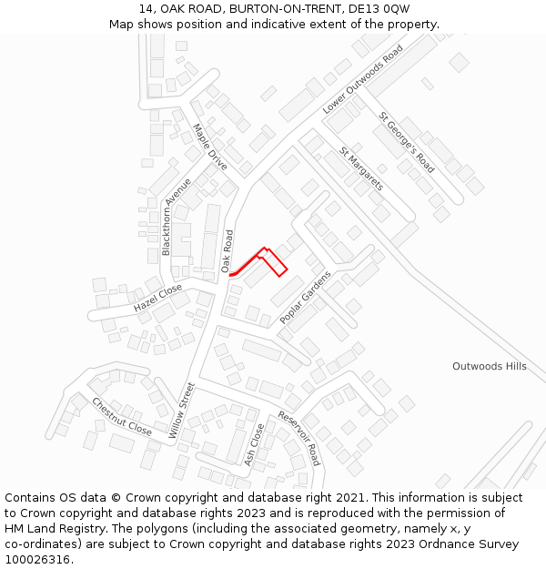 14, OAK ROAD, BURTON-ON-TRENT, DE13 0QW: Location map and indicative extent of plot