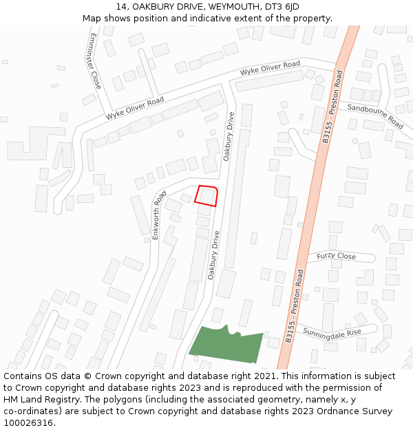 14, OAKBURY DRIVE, WEYMOUTH, DT3 6JD: Location map and indicative extent of plot