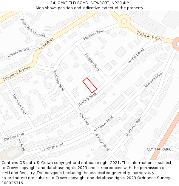 14, OAKFIELD ROAD, NEWPORT, NP20 4LY: Location map and indicative extent of plot