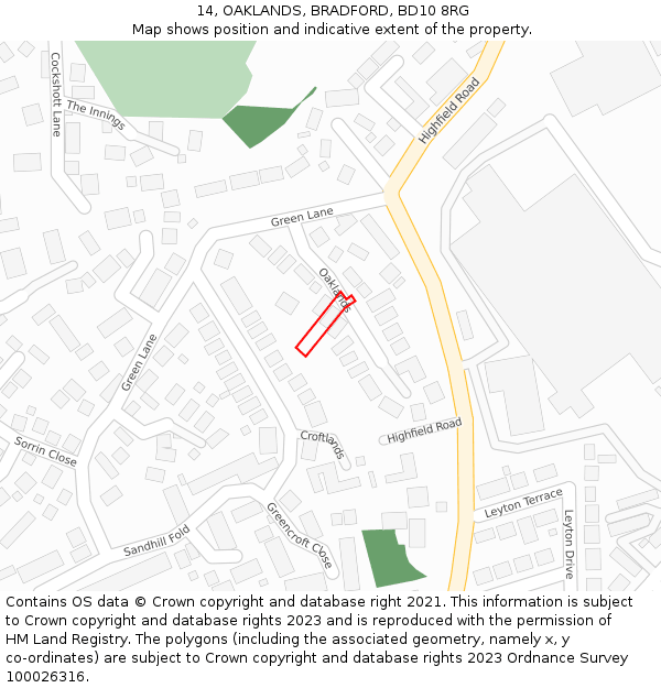 14, OAKLANDS, BRADFORD, BD10 8RG: Location map and indicative extent of plot