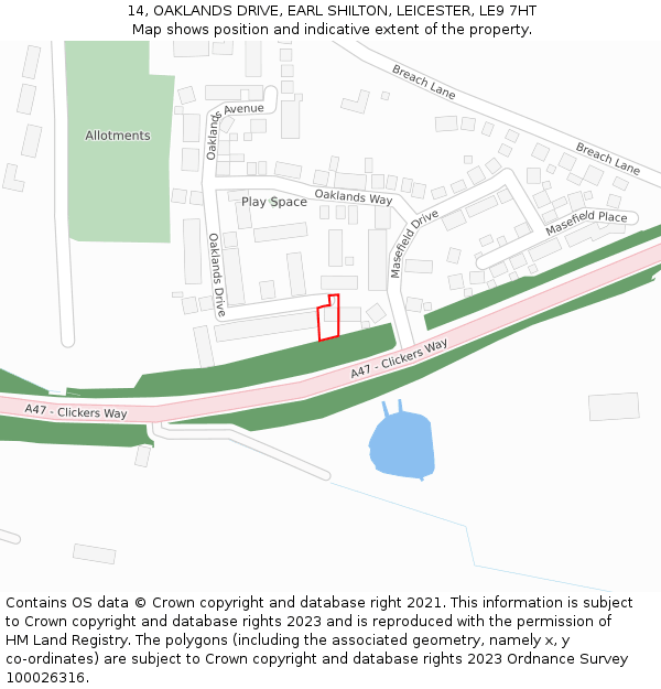 14, OAKLANDS DRIVE, EARL SHILTON, LEICESTER, LE9 7HT: Location map and indicative extent of plot