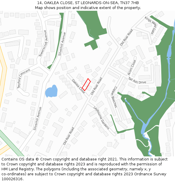 14, OAKLEA CLOSE, ST LEONARDS-ON-SEA, TN37 7HB: Location map and indicative extent of plot