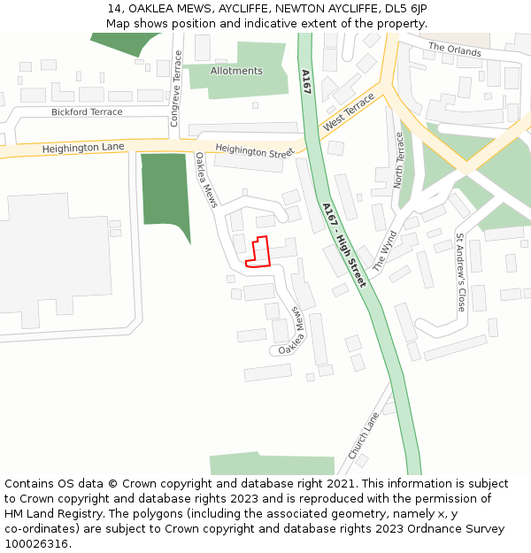 14, OAKLEA MEWS, AYCLIFFE, NEWTON AYCLIFFE, DL5 6JP: Location map and indicative extent of plot