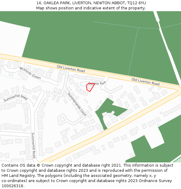 14, OAKLEA PARK, LIVERTON, NEWTON ABBOT, TQ12 6YU: Location map and indicative extent of plot