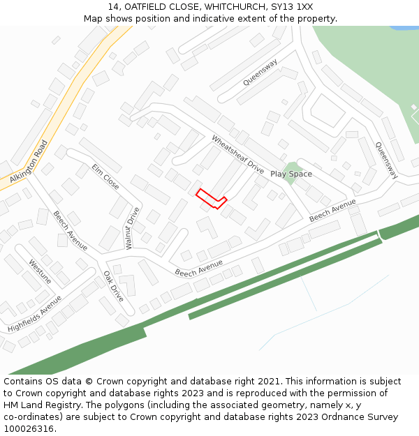 14, OATFIELD CLOSE, WHITCHURCH, SY13 1XX: Location map and indicative extent of plot