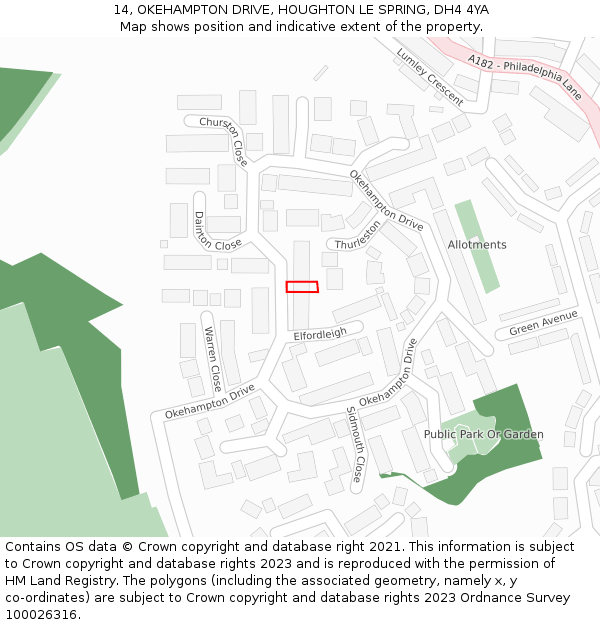 14, OKEHAMPTON DRIVE, HOUGHTON LE SPRING, DH4 4YA: Location map and indicative extent of plot