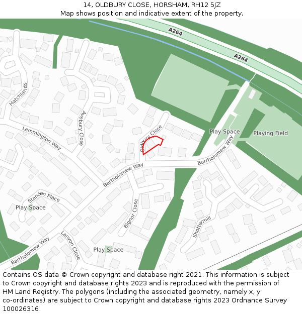 14, OLDBURY CLOSE, HORSHAM, RH12 5JZ: Location map and indicative extent of plot