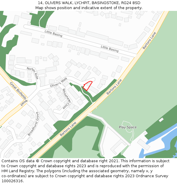 14, OLIVERS WALK, LYCHPIT, BASINGSTOKE, RG24 8SD: Location map and indicative extent of plot