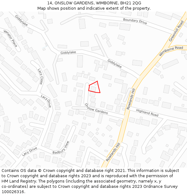 14, ONSLOW GARDENS, WIMBORNE, BH21 2QG: Location map and indicative extent of plot