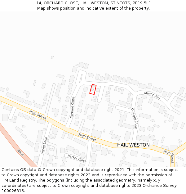 14, ORCHARD CLOSE, HAIL WESTON, ST NEOTS, PE19 5LF: Location map and indicative extent of plot