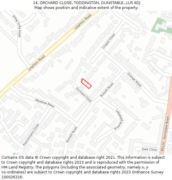 14, ORCHARD CLOSE, TODDINGTON, DUNSTABLE, LU5 6DJ: Location map and indicative extent of plot