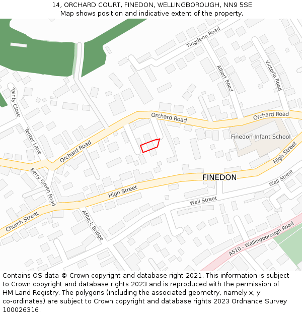 14, ORCHARD COURT, FINEDON, WELLINGBOROUGH, NN9 5SE: Location map and indicative extent of plot