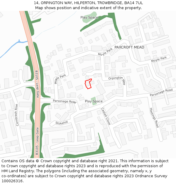 14, ORPINGTON WAY, HILPERTON, TROWBRIDGE, BA14 7UL: Location map and indicative extent of plot