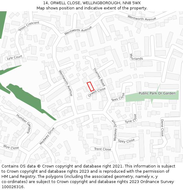 14, ORWELL CLOSE, WELLINGBOROUGH, NN8 5WX: Location map and indicative extent of plot