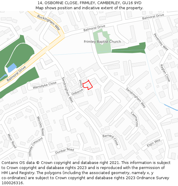 14, OSBORNE CLOSE, FRIMLEY, CAMBERLEY, GU16 9YD: Location map and indicative extent of plot