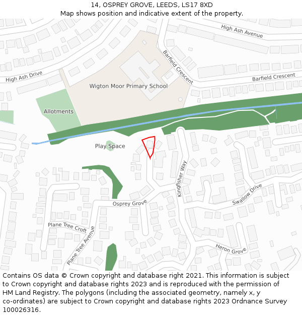 14, OSPREY GROVE, LEEDS, LS17 8XD: Location map and indicative extent of plot
