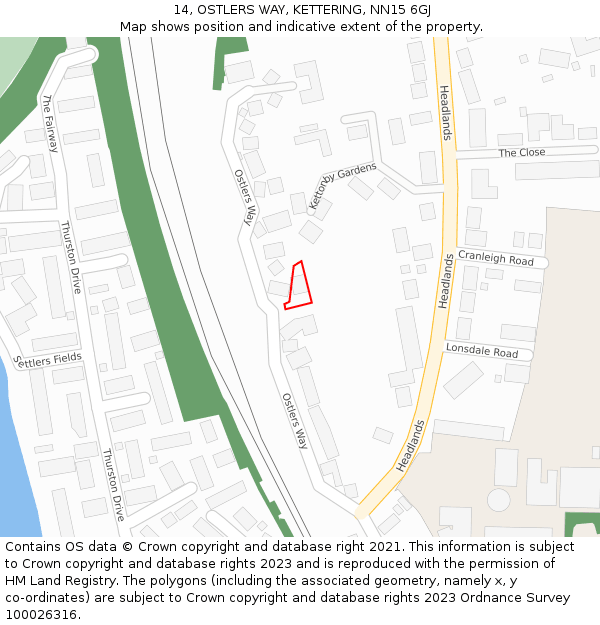 14, OSTLERS WAY, KETTERING, NN15 6GJ: Location map and indicative extent of plot