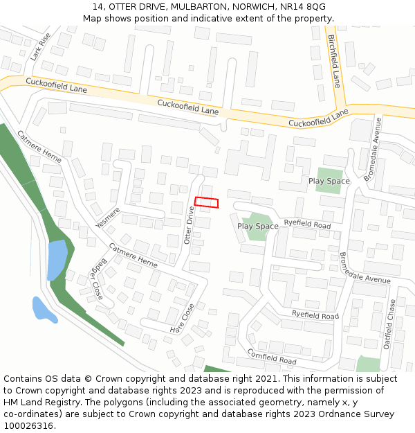 14, OTTER DRIVE, MULBARTON, NORWICH, NR14 8QG: Location map and indicative extent of plot