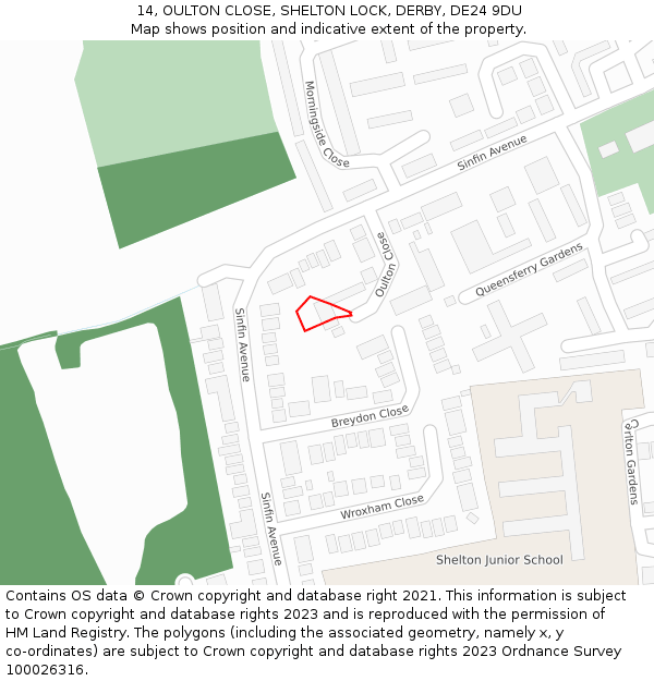 14, OULTON CLOSE, SHELTON LOCK, DERBY, DE24 9DU: Location map and indicative extent of plot