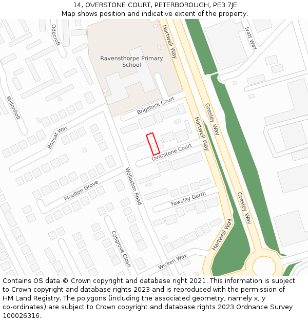 14, OVERSTONE COURT, PETERBOROUGH, PE3 7JE: Location map and indicative extent of plot