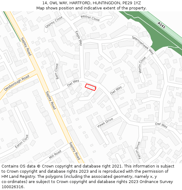 14, OWL WAY, HARTFORD, HUNTINGDON, PE29 1YZ: Location map and indicative extent of plot